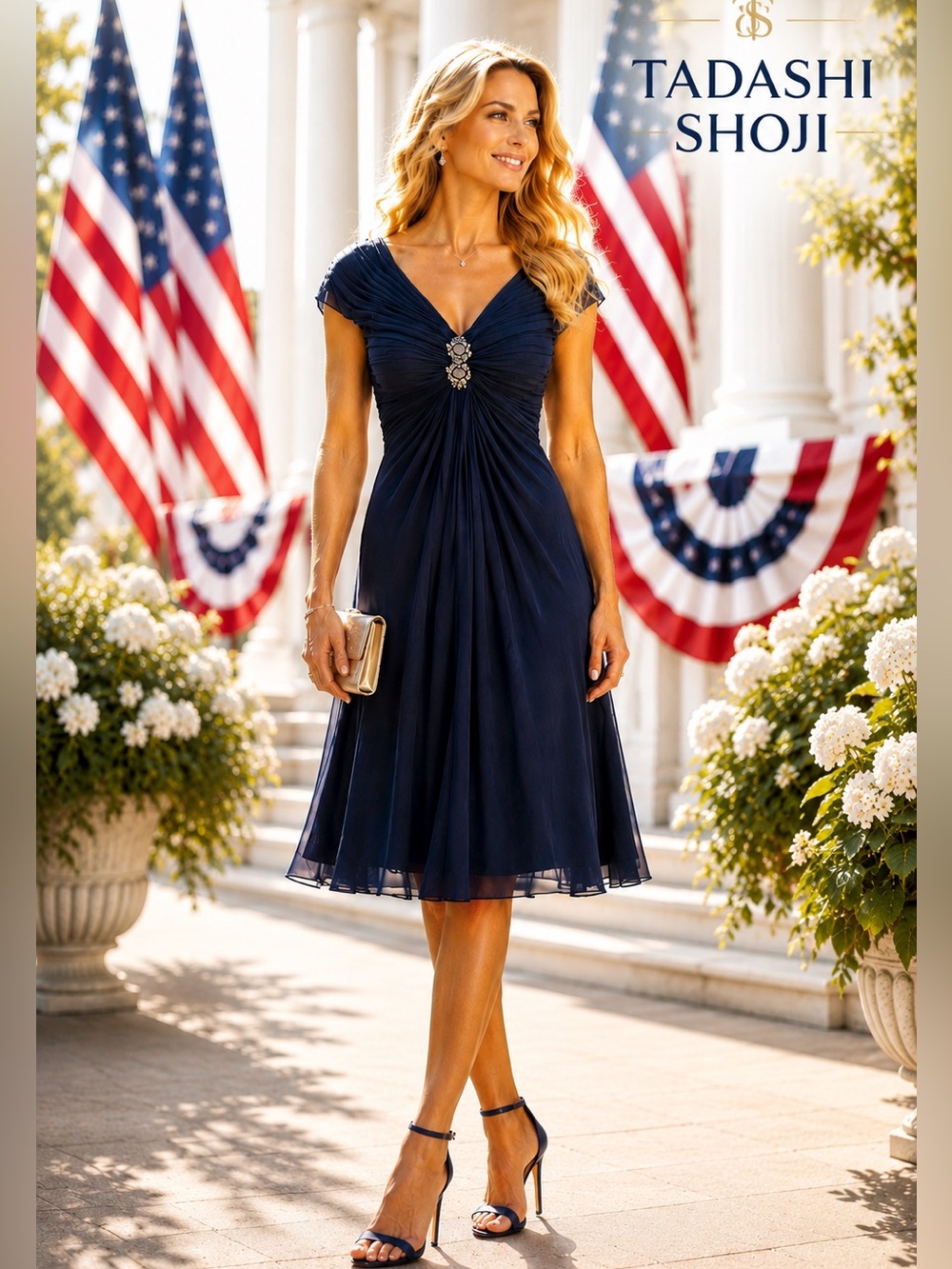 Tadashi Shoji, Royal Navy Ruched Chiffon Beaded Cocktail Dress EUC, Size 4P - Picture 3 of 9